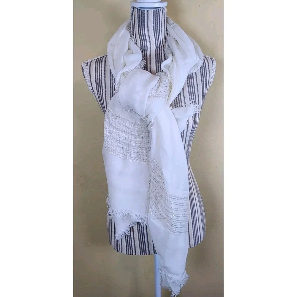 Unbranded‎ Large Soft White Shawl Wrap Scarf cheese cloth Fringe sequins sparkle